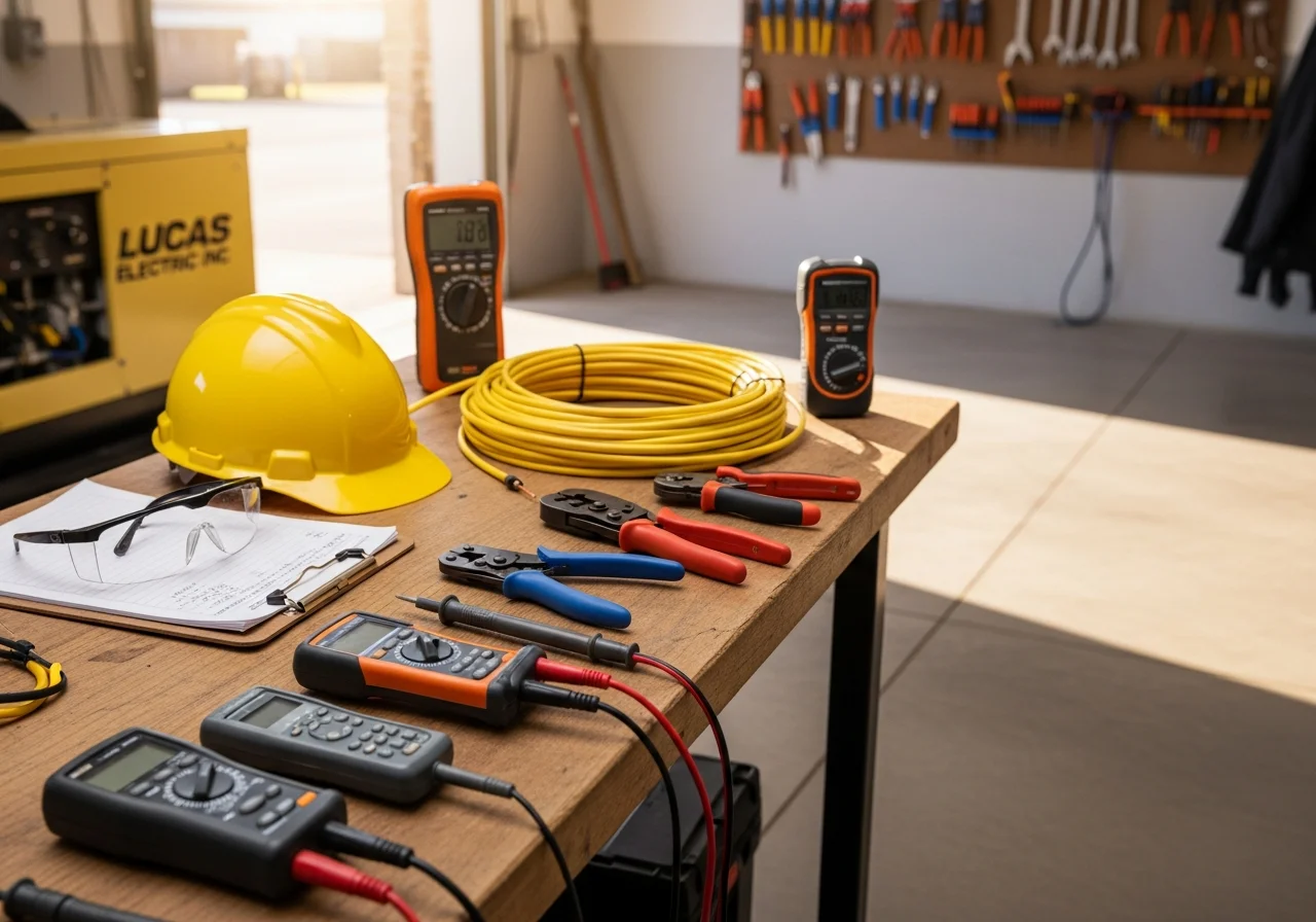 Electrical contractor tools and equipment staged on a work surface, representing the trade expertise and readiness of a full-service electrical firm.