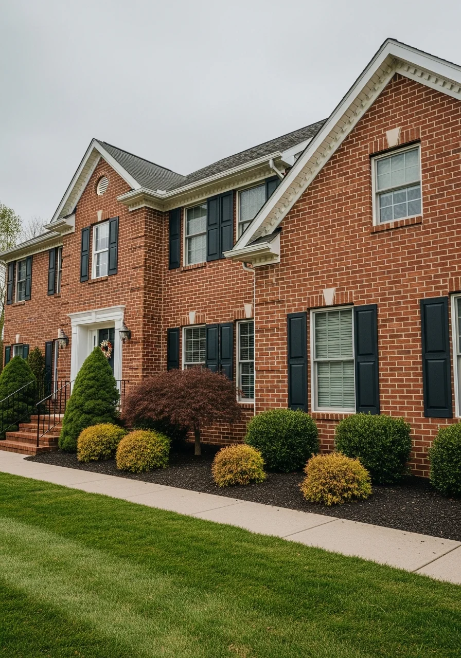 Close-up of a traditional Avella home exterior showing brick construction and well-maintained landscaping.
