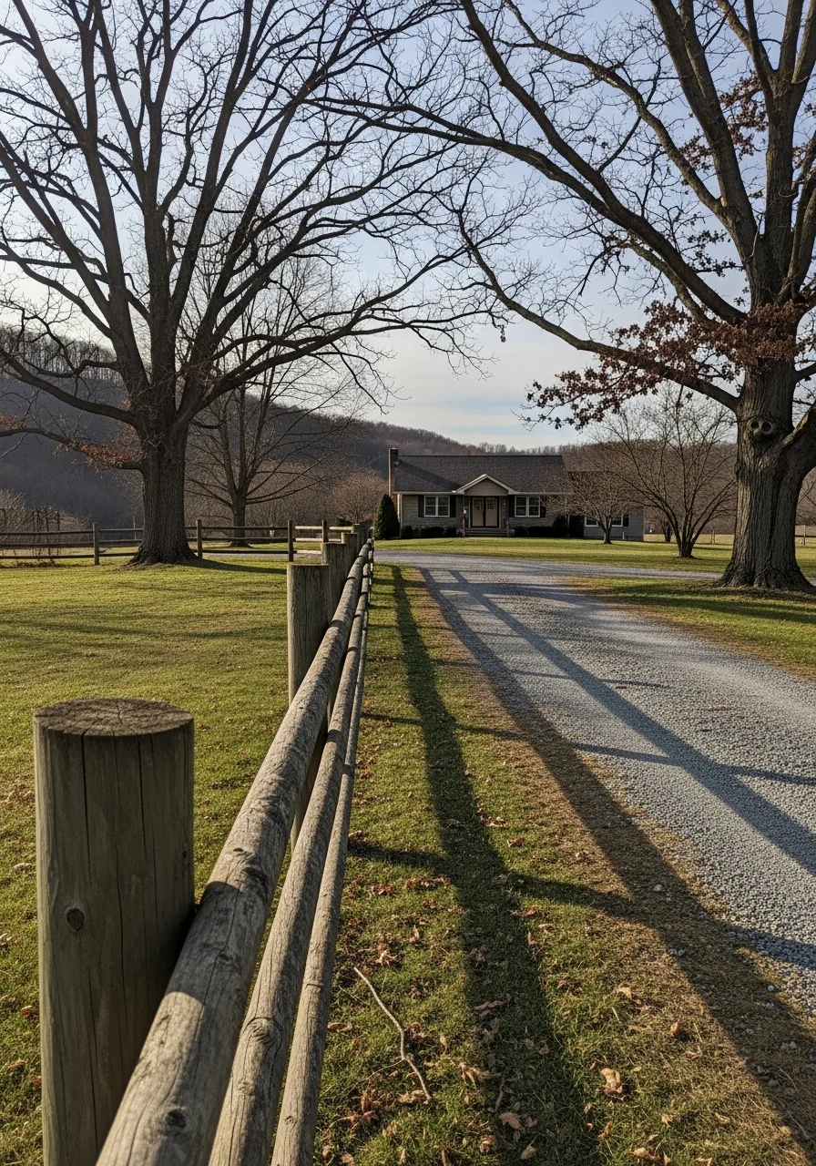 Mixed view of a tri-state area property with both residential home and surrounding rural land features.
