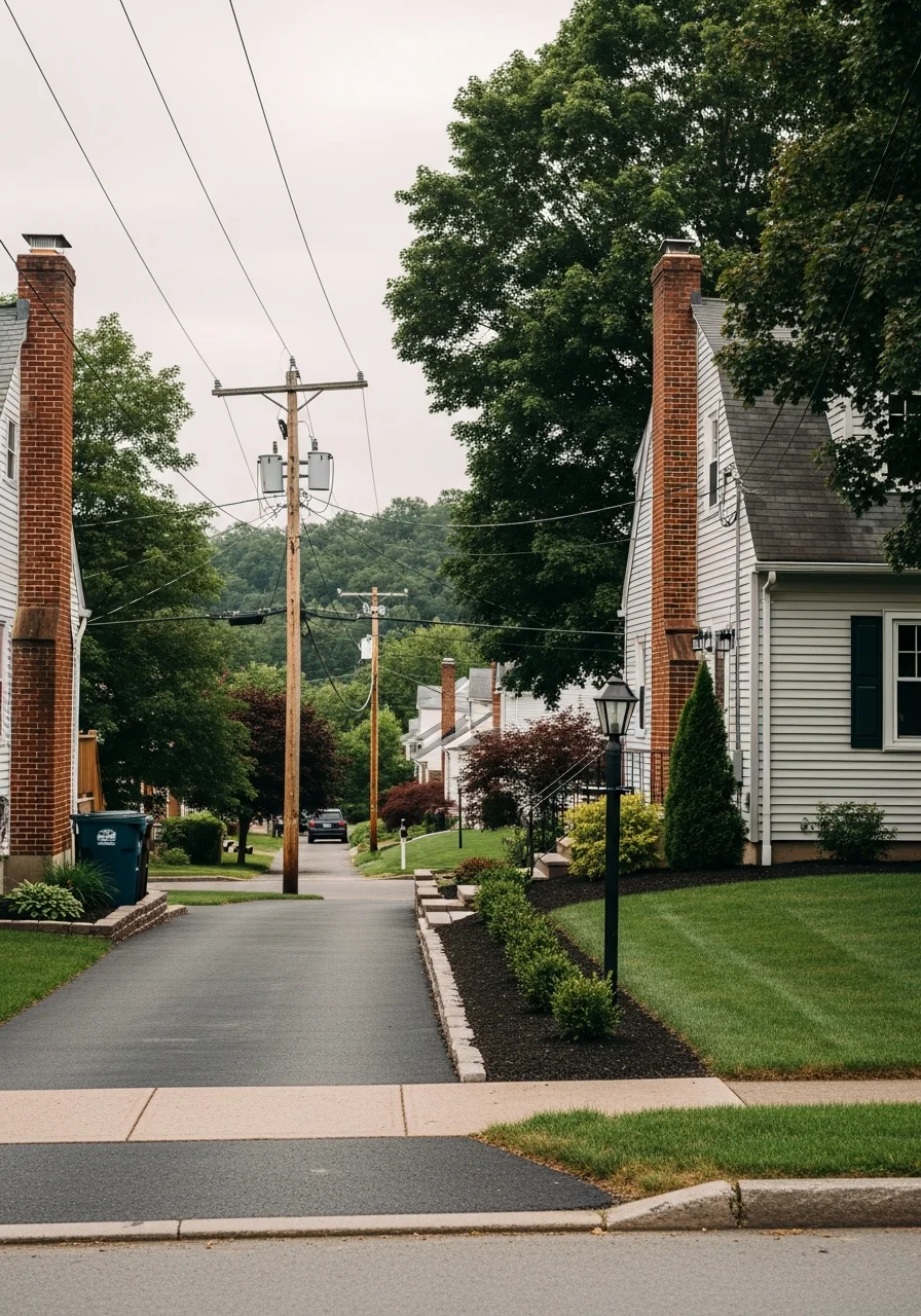 Residential neighborhood in Washington showing a two-story home with mature landscaping and driveway.