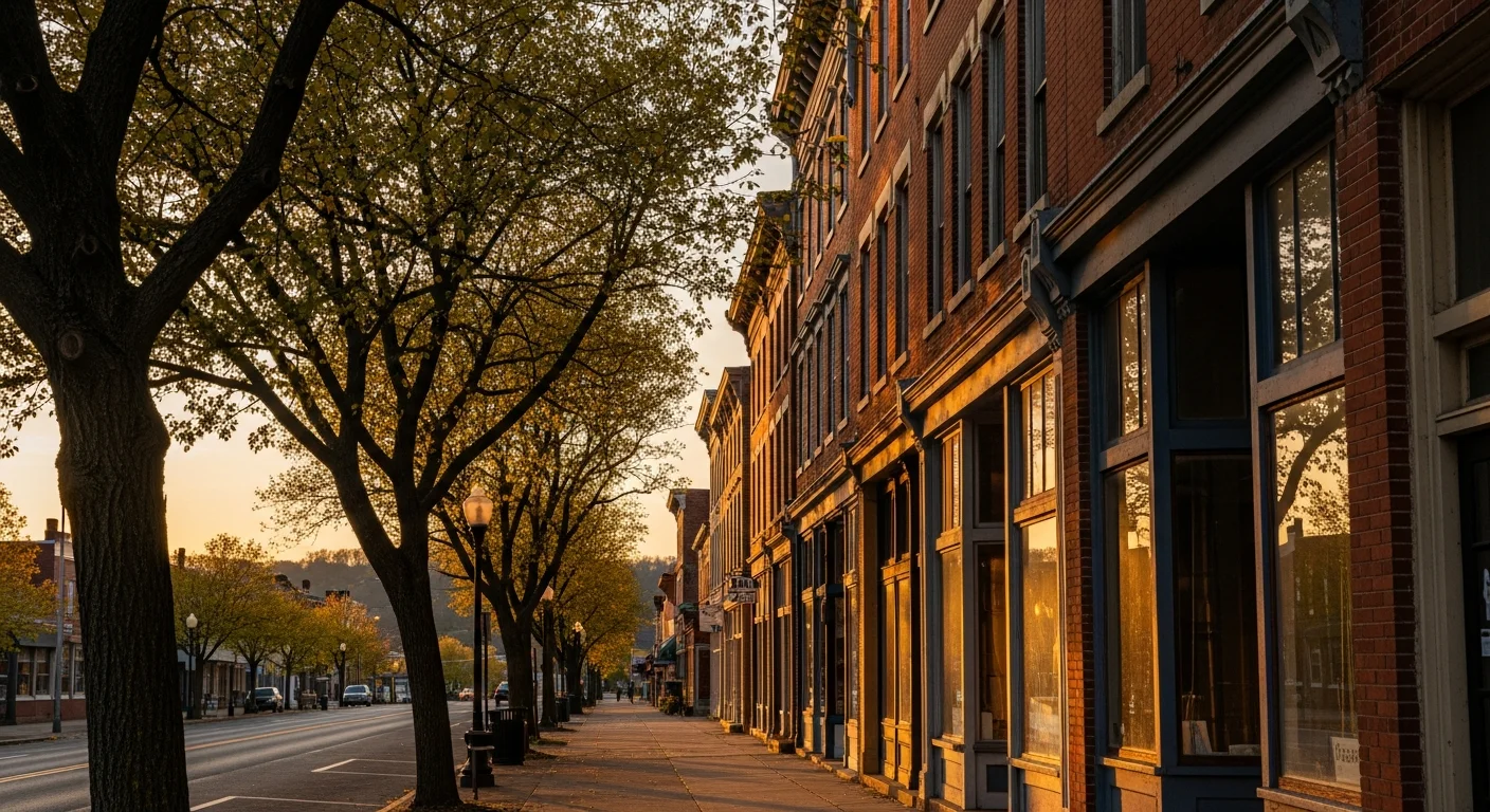 Historic downtown Waynesburg street with brick storefronts and mature trees lining the sidewalk.