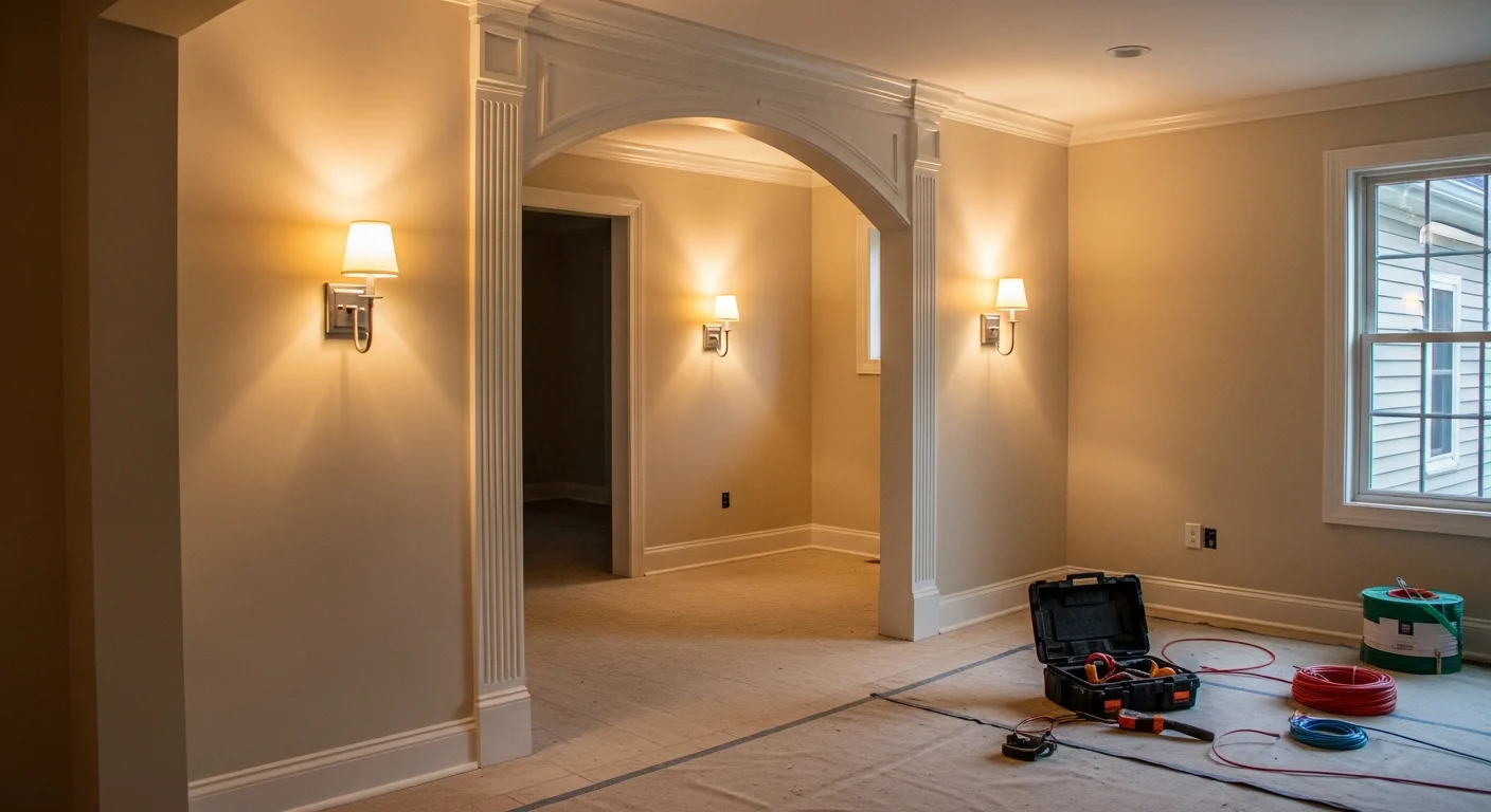 Interior accent lighting installed by Lucas Electric Inc in a Waynesburg, PA home, with directional recessed fixtures highlighting a built-in shelving unit along a living room wall. Exterior view of a Waynesburg residential property with soffit-mounted accent fixtures illuminating the front facade and entryway at dusk.