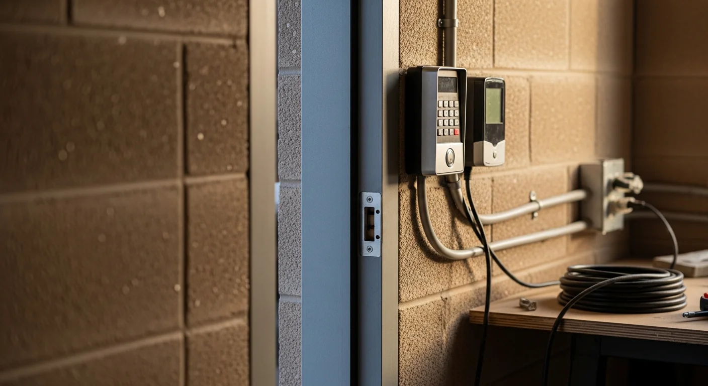 A newly installed keypad access control unit mounted beside a commercial entry door in Waynesburg, PA. A technician from Lucas Electric Inc connects low-voltage wiring inside the door frame of a Greene County office building.