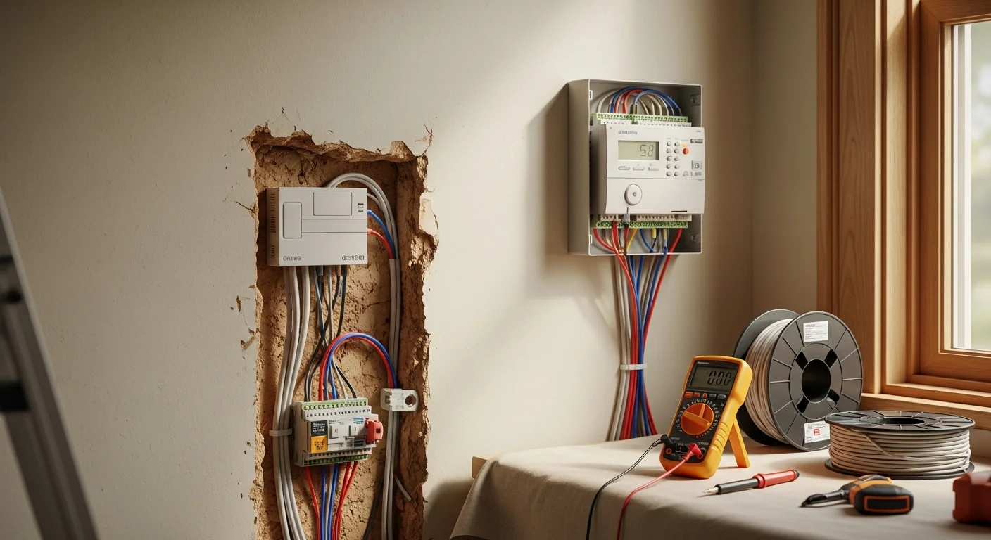 A licensed electrician from Lucas Electric Inc routing low-voltage alarm system wiring through the wall of a residential home in Waynesburg, PA. Sensor wire runs are neatly organized and connected to a wall-mounted alarm control panel inside the home.