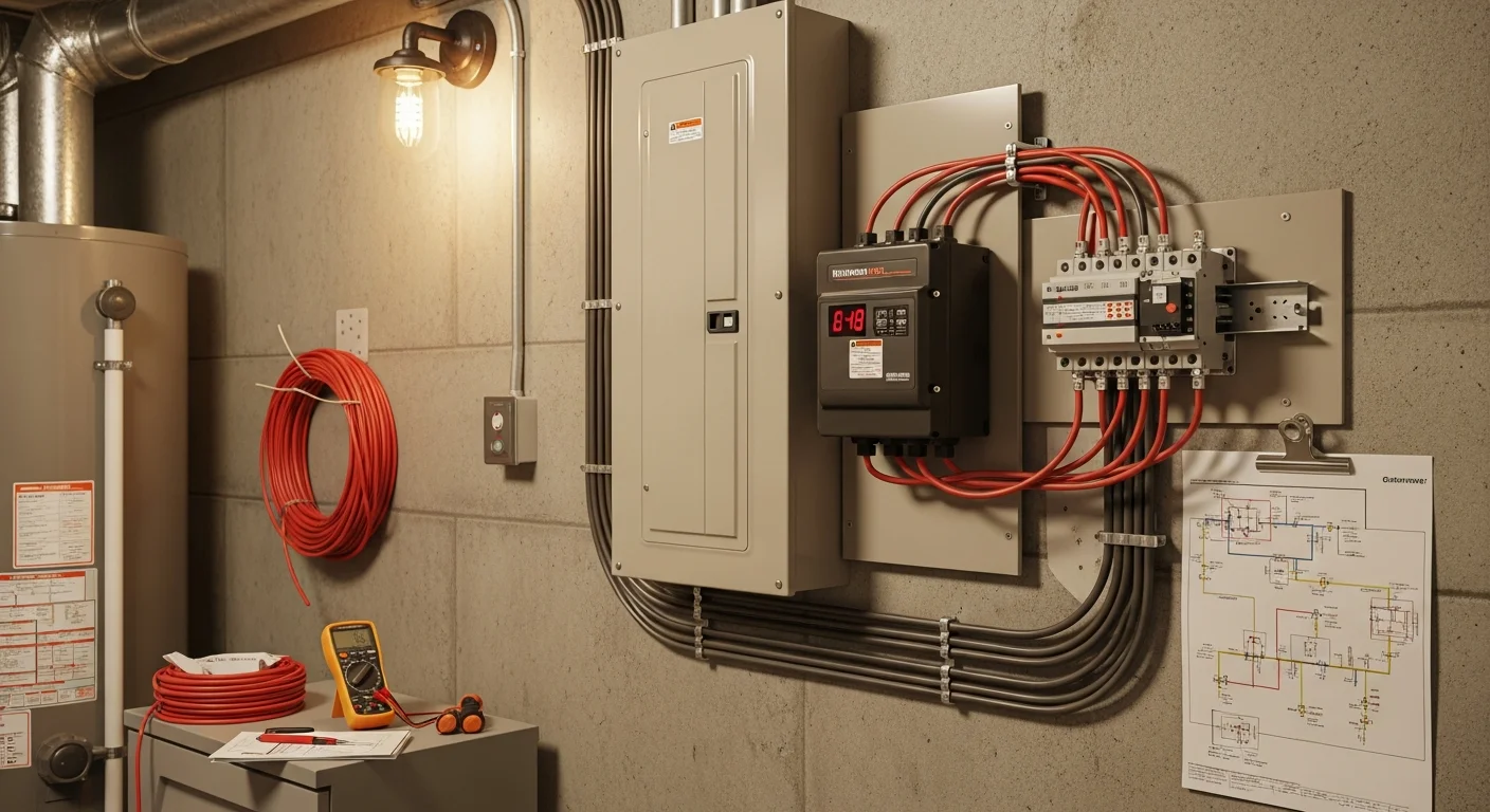 A licensed electrician from Lucas Electric Inc wiring an automatic transfer switch to a residential electrical panel in a Waynesburg, PA home. The switch is mounted adjacent to the main service panel with generator feed conduit running to the exterior.