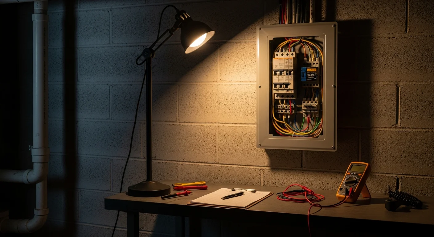 A licensed electrician from Lucas Electric Inc inspecting a residential electrical panel in a Waynesburg, PA home. The technician examines wiring connections and circuit breakers inside an open panel box.