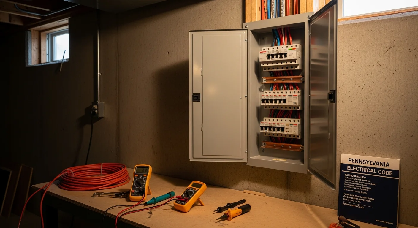 A licensed electrician from Lucas Electric Inc installs a new circuit breaker panel inside a residential home in Waynesburg, PA. The panel is mounted on an interior wall with neatly organized wiring connections and labeled breakers.