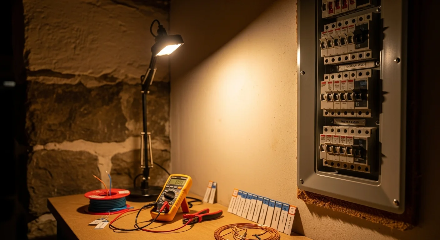 A licensed electrician from Lucas Electric Inc installing a new 200-amp electrical panel in a residential home in Waynesburg, PA. The image shows a modern breaker box mounted on an interior wall with organized wiring and labeled circuit breakers.