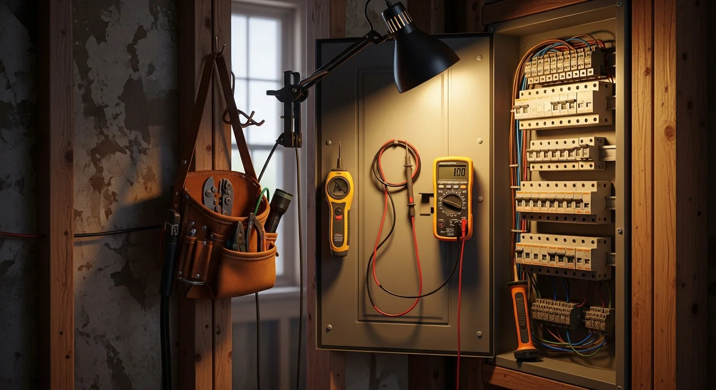 A licensed electrician from Lucas Electric Inc inspecting a residential electrical panel during an emergency repair call in Waynesburg, PA. The panel is open and the electrician is using a diagnostic tool to trace a faulty circuit in a Greene County home.