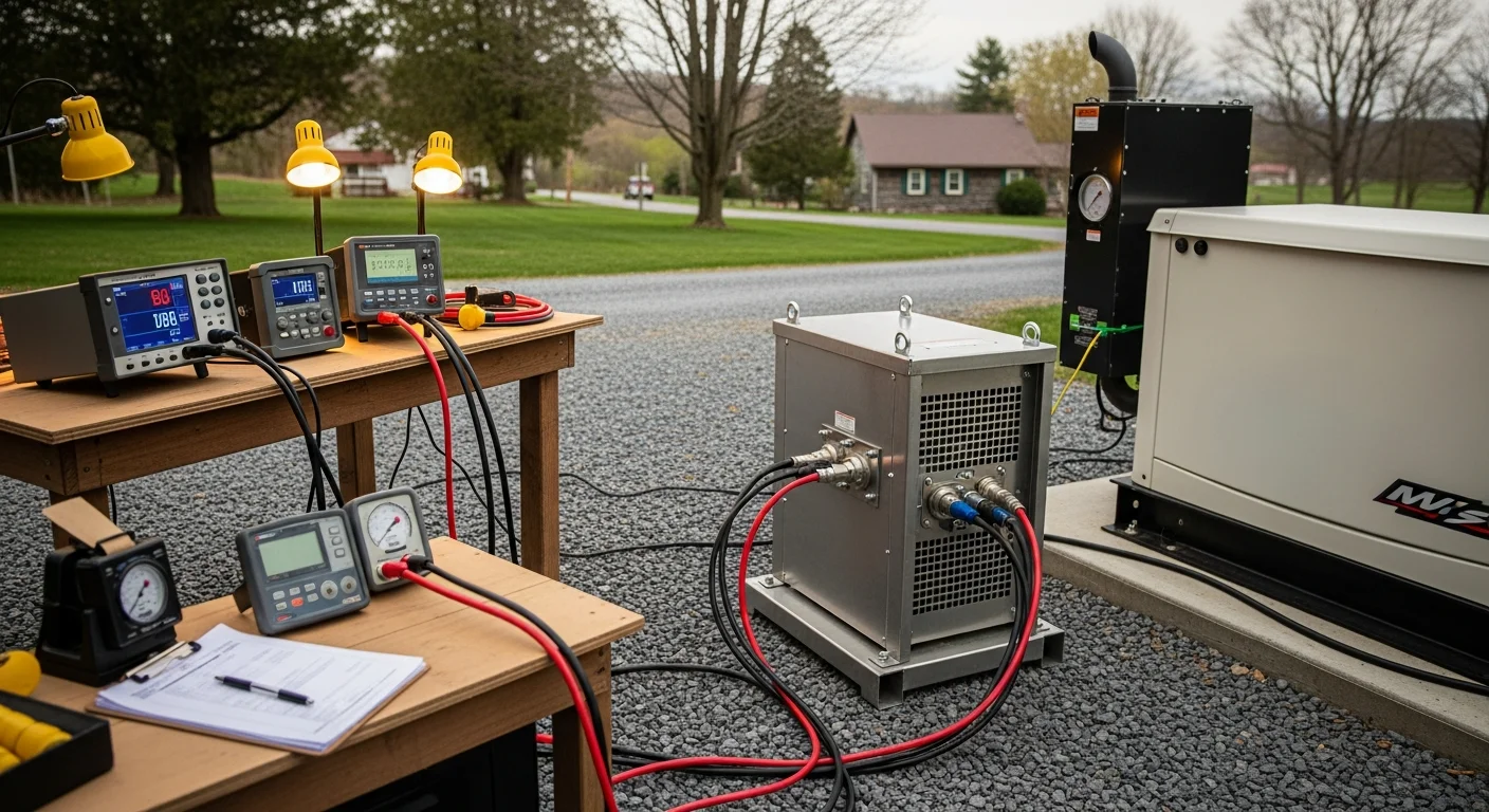 A licensed electrician from Lucas Electric Inc connecting a load bank to a standby generator at a residential property in Waynesburg, PA. The technician monitors performance readings on a control panel during a full-capacity load test.