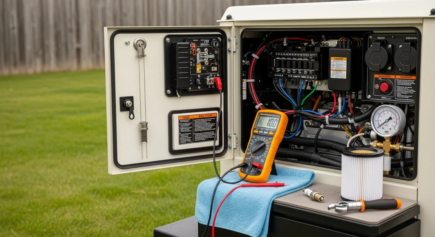 A licensed electrician from Lucas Electric Inc inspecting a residential standby generator outside a home in Waynesburg, PA. The technician checks battery connections and fluid levels during a routine maintenance visit.