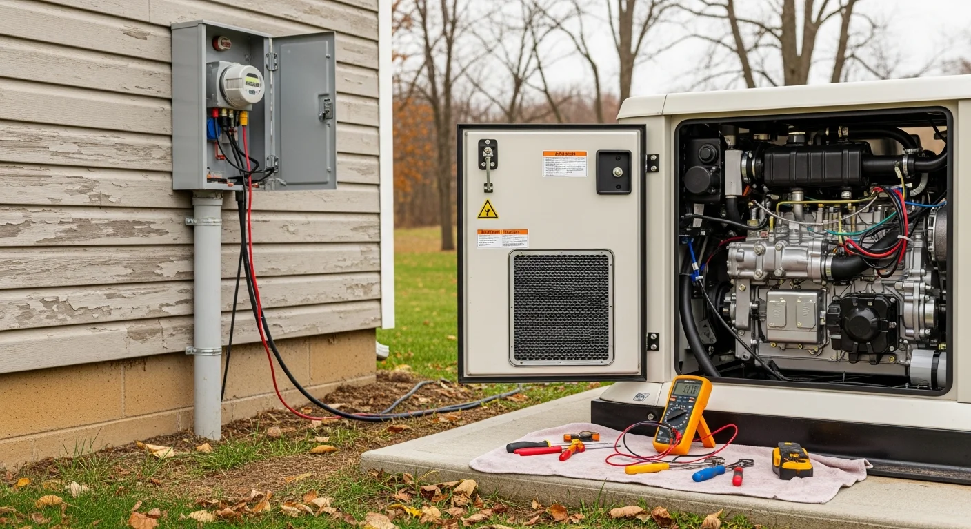 A licensed electrician from Lucas Electric Inc inspecting the control panel of a standby generator at a residential property in Waynesburg, PA. The unit sits on a concrete pad beside the home with diagnostic equipment connected to the generator's electrical terminals.