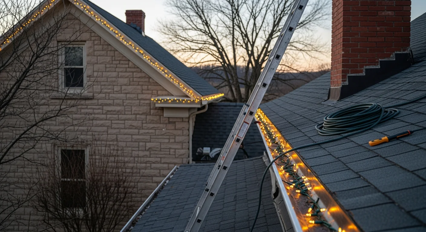 A licensed electrician from Lucas Electric Inc installing holiday lights along the roofline of a two-story residential home in Waynesburg, PA. Warm white lights run evenly across the eaves of a historic American Foursquare-style home on a quiet borough street in Greene County.
