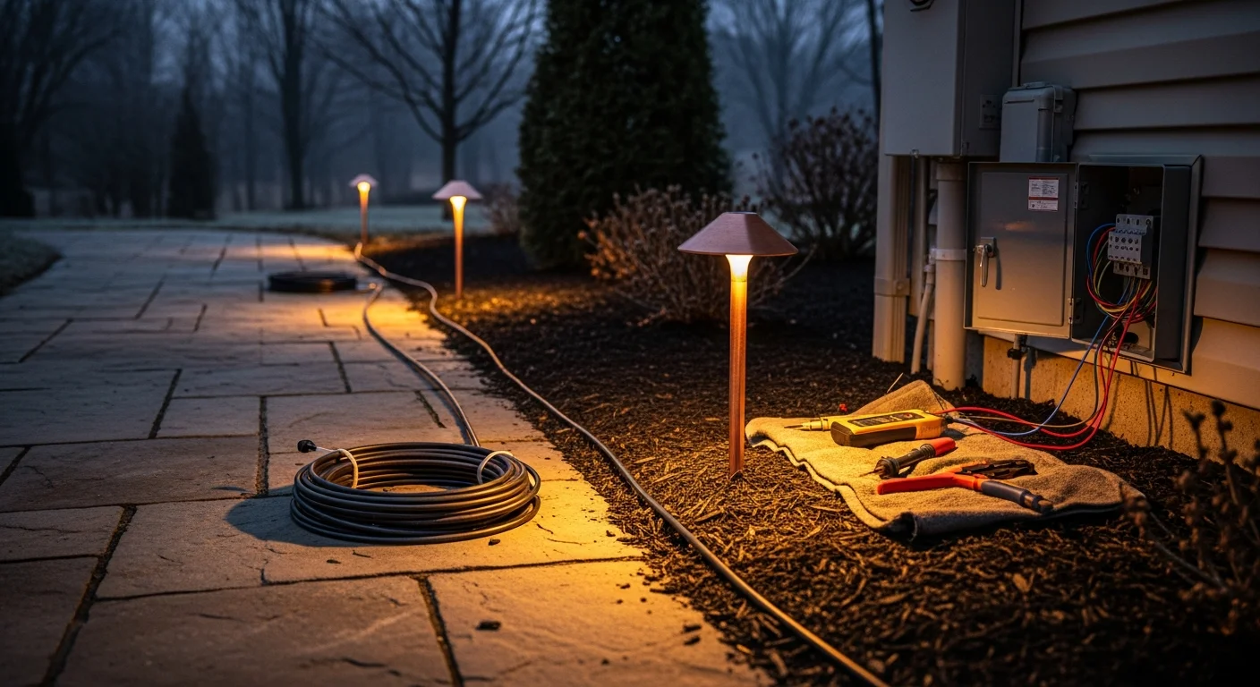 Landscape lighting installed along a residential front walkway and garden bed at a single-family home in Waynesburg, PA. Low-profile path lights and upward-facing fixtures illuminate the entry after dark against a backdrop of mature trees.