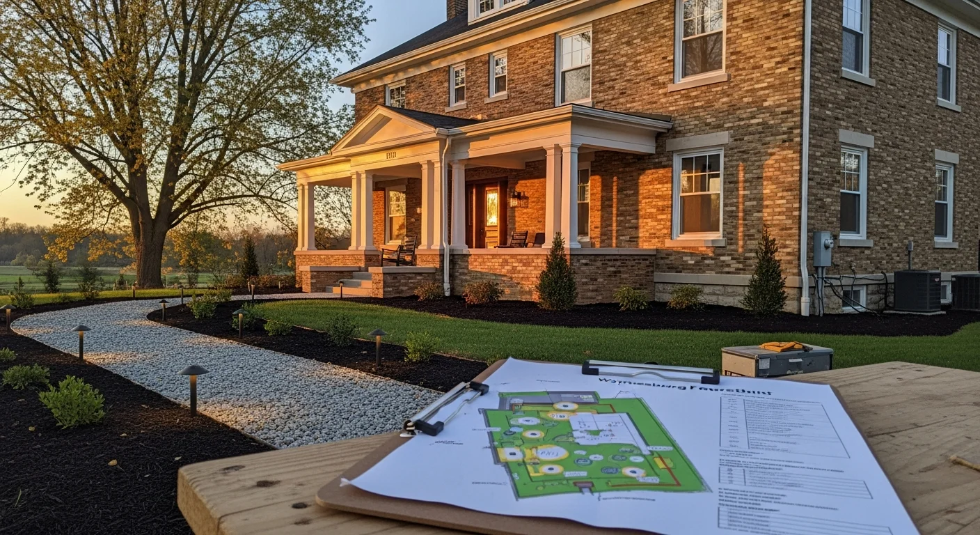 Professionally designed outdoor lighting illuminating the front facade, entry walkway, and landscaping of a residential home in Waynesburg, PA at dusk. Low-voltage fixtures highlight the roofline and pathway leading to the front door against a darkening Greene County hillside backdrop.