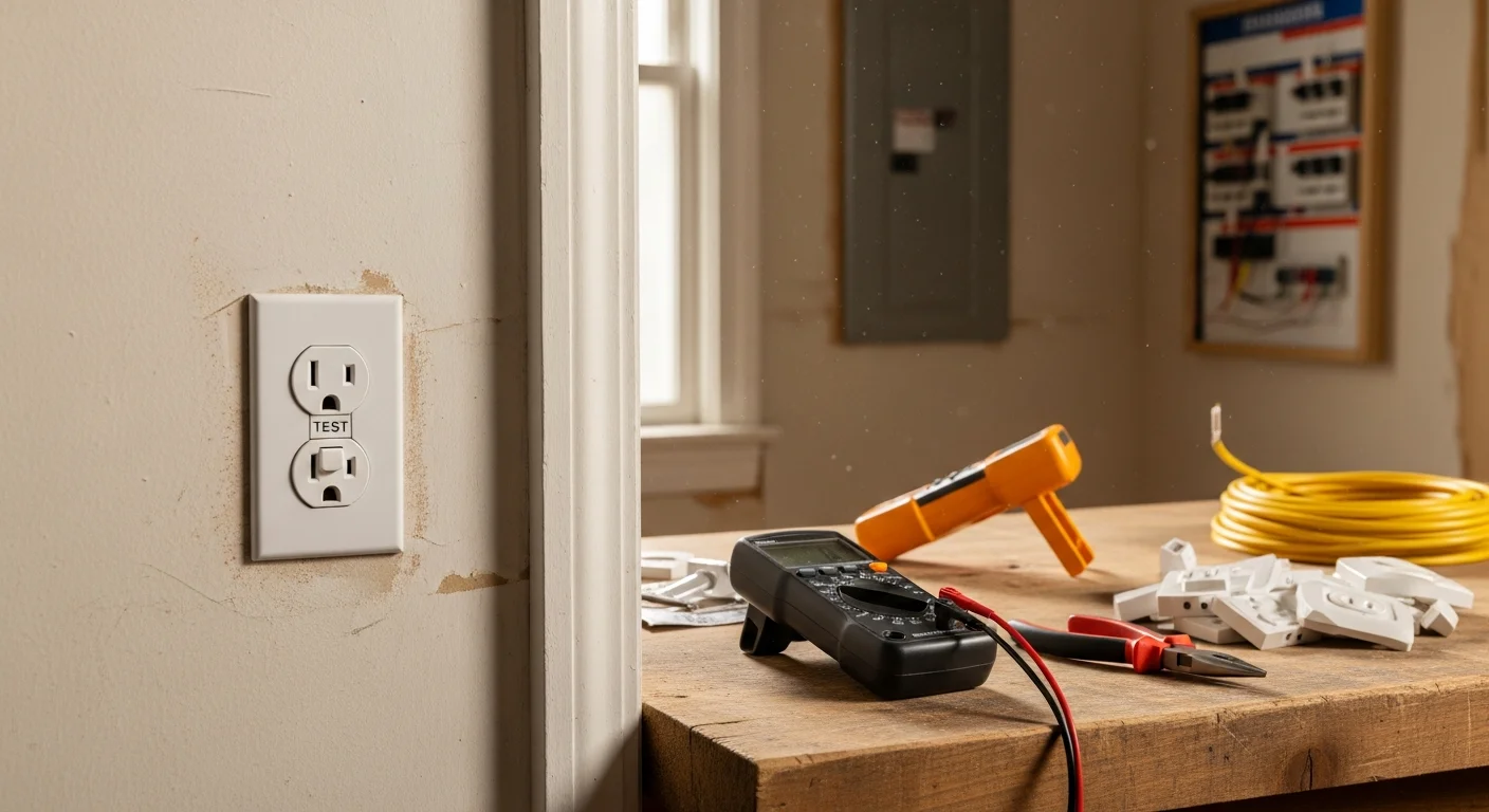 A licensed electrician installing a white GFCI outlet in the kitchen of an older home in Waynesburg, PA. The outlet box is mounted flush in a painted drywall wall with visible wiring connections being secured.
