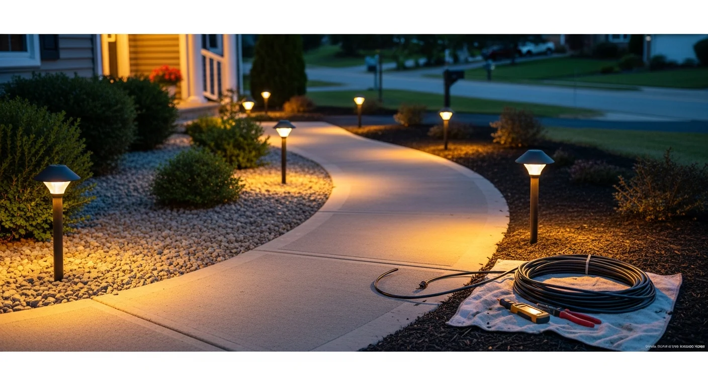 Evenly spaced low-voltage pathway lights illuminating a residential walkway at night in Waynesburg, PA. Fixtures line both sides of a stone path leading to a front door, with no dark gaps between lights.