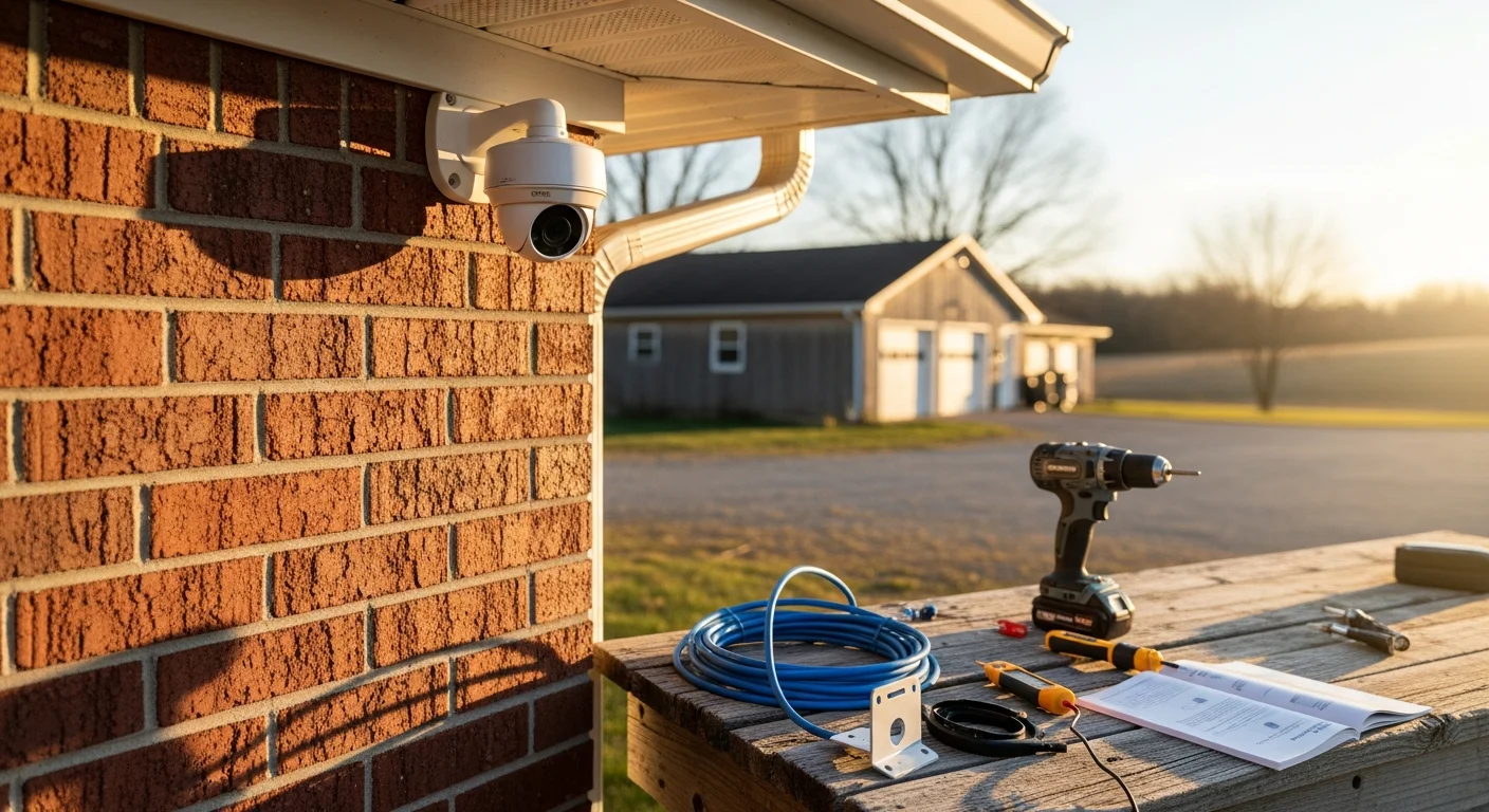 A licensed electrician from Lucas Electric Inc mounts a security camera on the exterior corner of a residential home in Waynesburg, PA. The camera is positioned to cover a driveway and detached garage on a rural Greene County property.