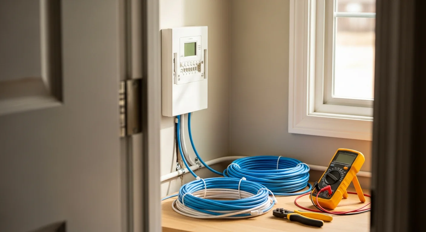 A Lucas Electric Inc technician mounting a security camera on the exterior corner of a residential property in Waynesburg, PA. The image shows a single-family home with a visible camera positioned to cover the driveway and front entry.