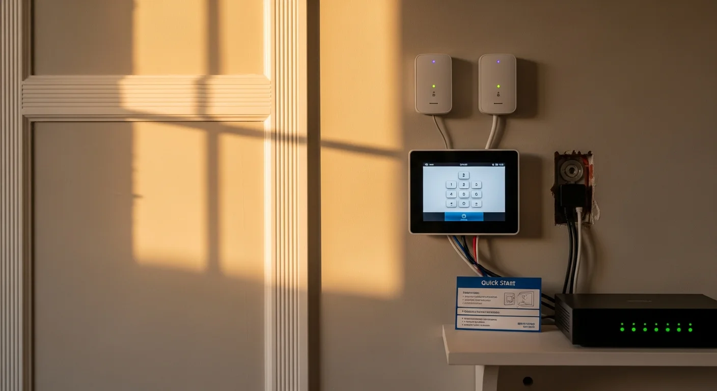 A licensed electrician from Lucas Electric Inc programs a security system control panel mounted on an interior wall of a residential property in Waynesburg, PA. Door and window sensors are visible on nearby entry points with wiring routed cleanly along the wall trim.