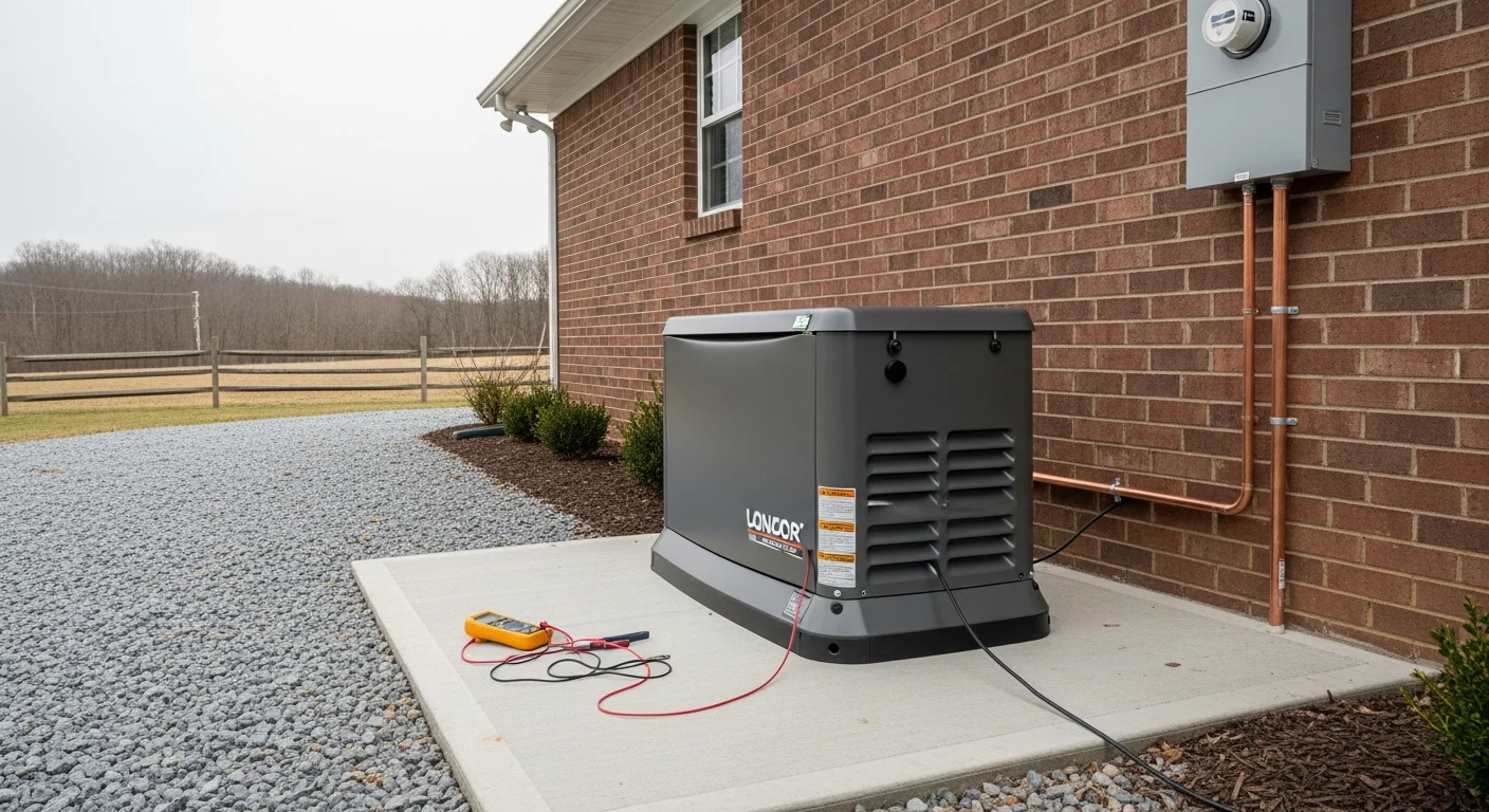 A standby generator installed on a concrete pad beside a residential home in Waynesburg, PA. The unit is wired to the home's electrical panel with a visible automatic transfer switch mounted on the exterior wall.